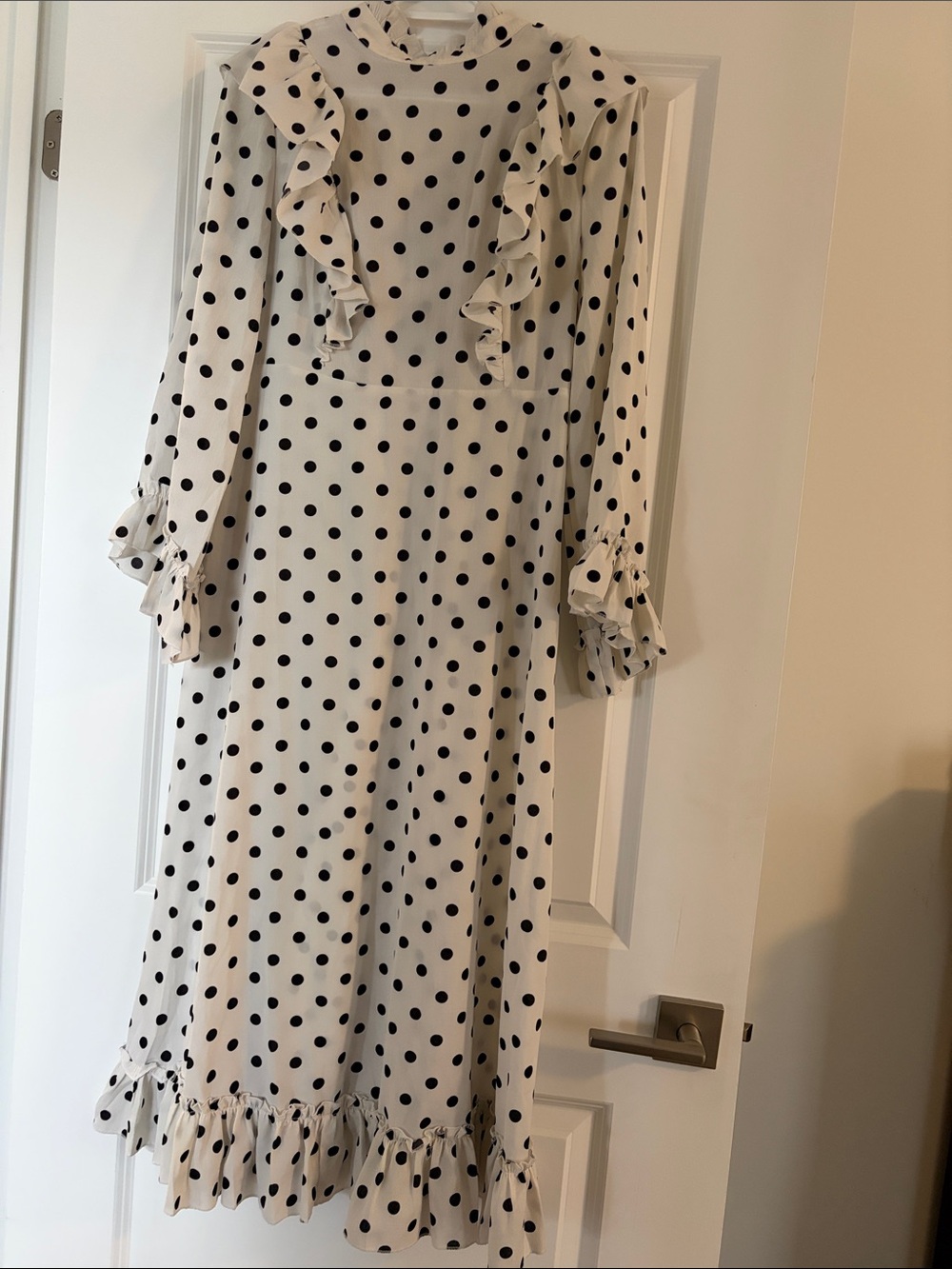 Ruffle-Trim Polka Dot Maxi Dress - Cream with Black Dots